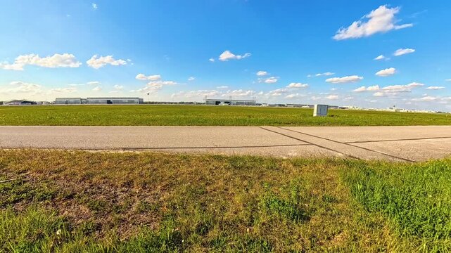 4K Timelapse video with moving clouds and landing and starting airplanes at MUC airport, Munich, Bavaria, Germany