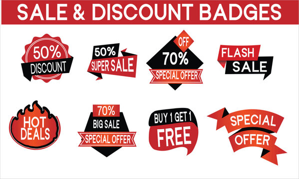 Sale and Discount Badges Collection: Red and Black Promotional Tags Set including 50% Off, 70% Super Sale, Flash Sale, Hot Deals, Buy 1 Get 1 Free, and Special Offer Vector Labels