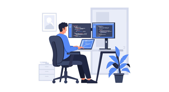 Software Developer and Programmer Coding on Multiple Monitors in Modern Office Workspace Flat Vector Illustration