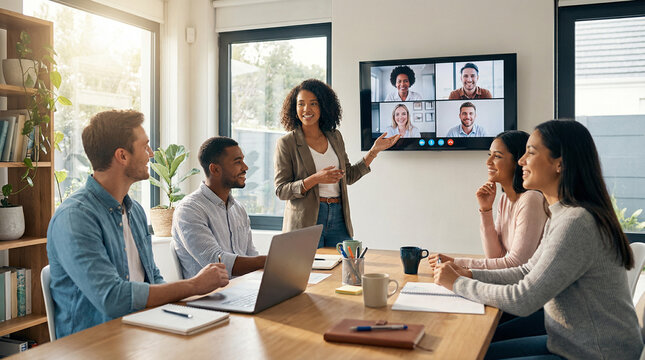 Diverse Young Business Team Having Hybrid Remote Meeting in Modern Home Office