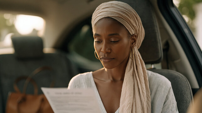 Jamaican domestic worker sitting in a parked car during a break, staring at a USCIS notice of action letter, handbag on the passenger seat, trees visible through windshield, sponsorship paperwork we