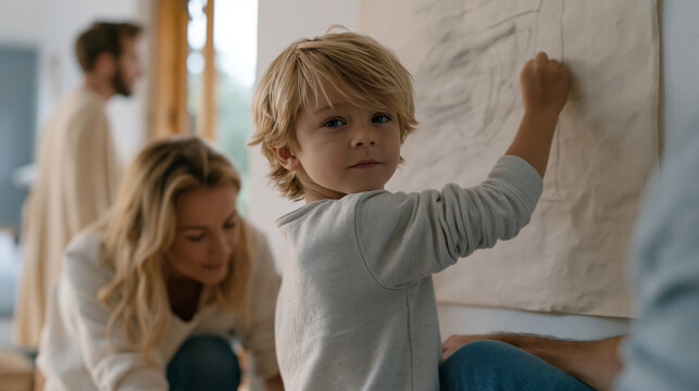 Foster child carefully placing single drawing on bedroom wall of new placement home, social worker in doorway, foster parent kneeling to help, mixture of cautious hope and guardedness on child's fac