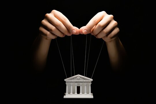 hands pulling strings on miniature bank building in darkness. Financial control and corruption