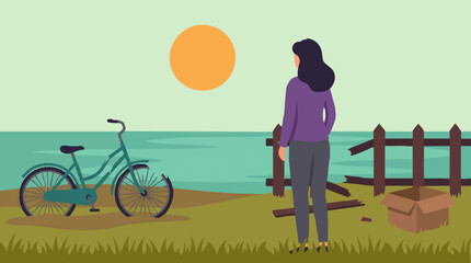 Woman stands by the sea, observing a damaged bicycle and broken fence © Artify
