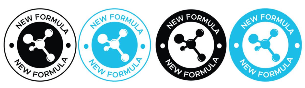 New Formula Product Labels: Professional Molecular Icon Set in Blue, Black, and White - Circular Quality Guarantee Badges for Cosmetics, Supplements, and Chemical Packaging Design