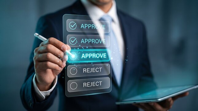 A professional businessman in a suit uses a digital stylus to select the approve button on a virtual interface screen.