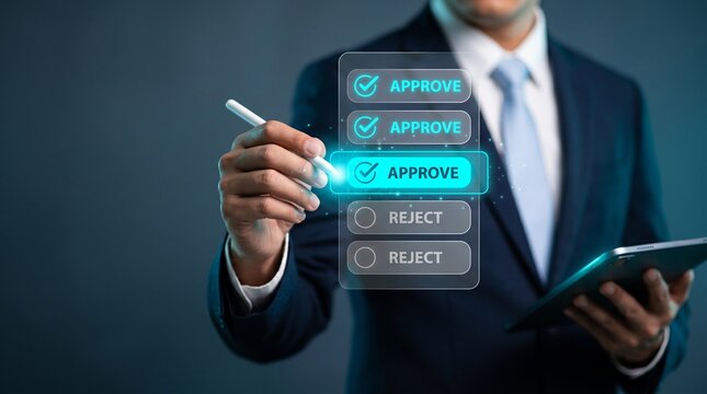 Professional businessman in a suit uses a digital pen to select the approve option on a virtual touch screen interface