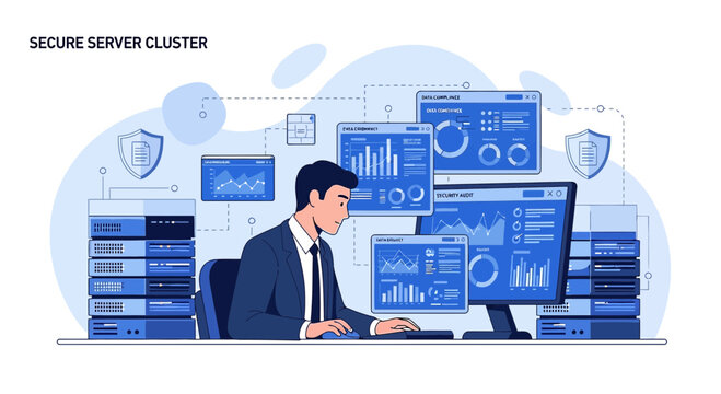 IT Professional Working on Secure Server Dashboard with Data Analysis Graphics