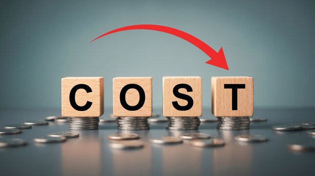 Wooden blocks spelling out the word cost placed on stacks of silver coins with a red downward pointing arrow