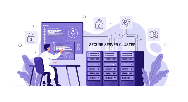 IT Professional Working on Secure Server Cluster, Data Security Concept