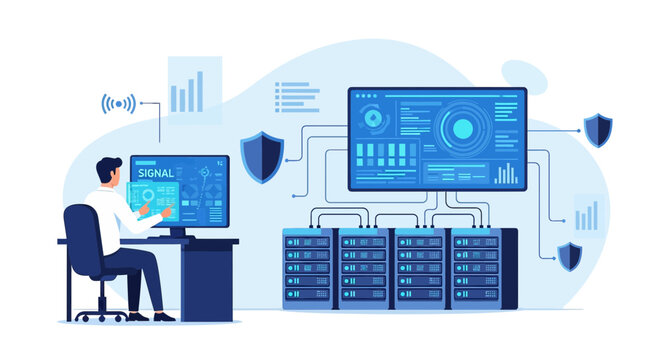 IT professional working with server racks, data security, and digital network visualization