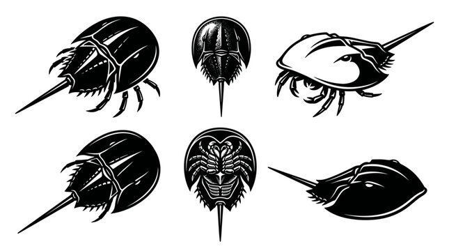 Black and white vector silhouette set of Horseshoe Crab