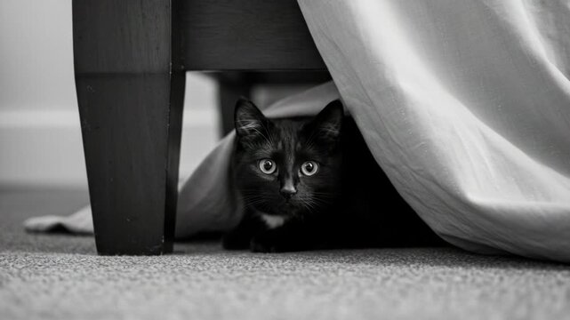 Black cat hiding under a curtain in monochrome setting  