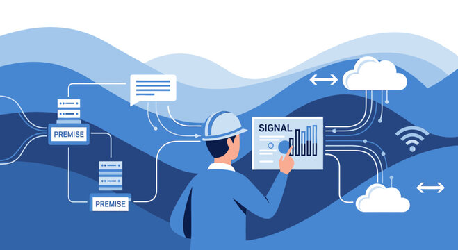 IT Engineer Man Analyzing Data Flow with Cloud and Server Infrastructure