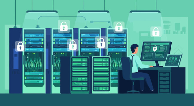 IT Security Server Room: Technician Monitoring Data Protection & Cybersecurity
