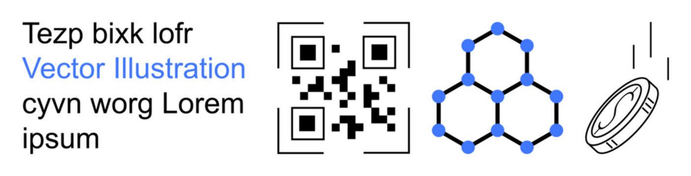 Technology, digital currency, blockchain, data security, innovation, QR codes. Graphic showing a QR code, blockchain network and digital coin. Technology and digital currency