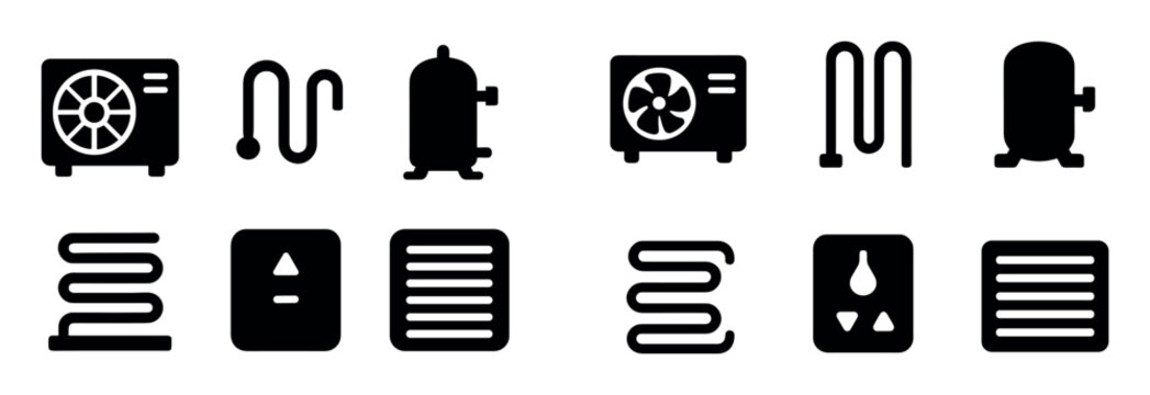 Heating and cooling icons with fan compressor coil flat