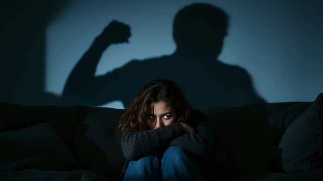 A woman sits on a sofa, overcome with fear, as the shadow of a raised fist appears on the wall above her.