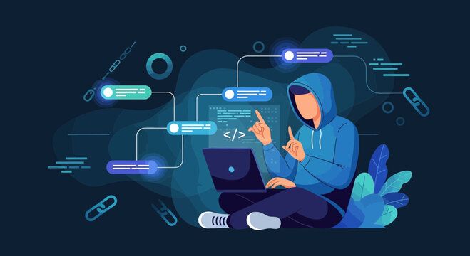 Hacker Coding Blockchain Network, Cybersecurity Concept, Digital Security