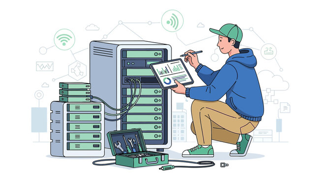 IT Technician Checking Server Data on Tablet