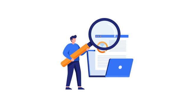 Business Man Analyzing Data with Large Magnifying Glass - SEO Website Audit and Digital Marketing Concept Illustration
