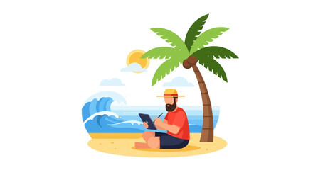 Fototapeta premium Digital Nomad Working on Tablet under Palm Tree on Tropical Beach - Remote Work and Freelancing Concept Illustration