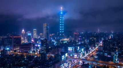 Obraz premium Taipei 101 skyscraper and city skyline at night