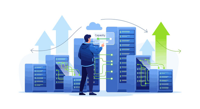 IT professional managing server rack data center, cloud computing, growth arrows