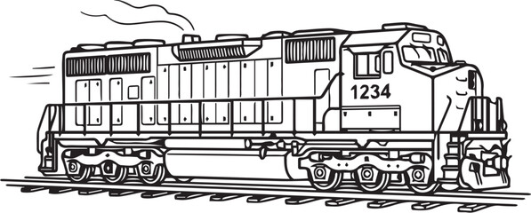 Powerful Freight Train Engine Moving Fast on Tracks © Silhouette Vector 