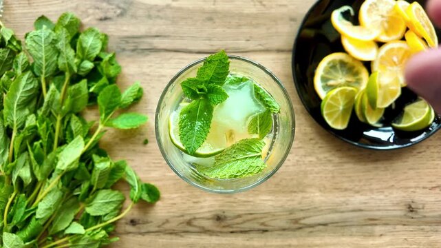 Adding fresh mint to mojito cocktail close up hand preparing refreshing summer drink lime beverage top view