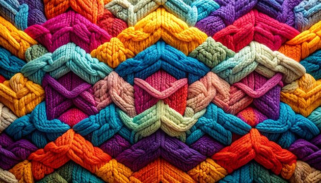 Intricate woven tapestry texture with geometric patterns and vibrant rainbow colors, tactile handmade craft, cozy textile background