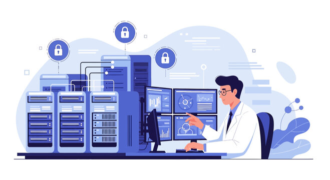 IT professional monitors secure server rack with data analytics screens