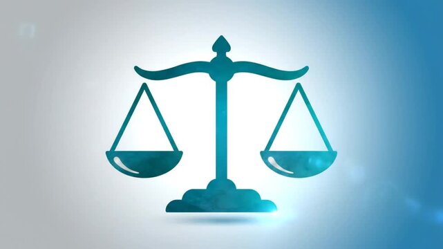 Symbol of justice graphic in turquoise with balancing scales on a blue and white background