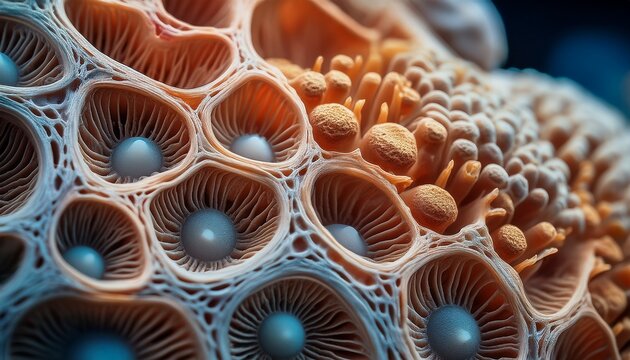 detailed close up of a biological structure showing intricate internal components and textures with a focus on scientific accuracy and clarity