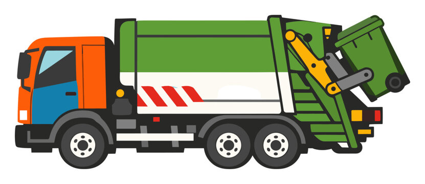 Garbage truck lifting a green recycling bin, ensuring vital waste collection, disposal, and eco-friendly urban sanitation services