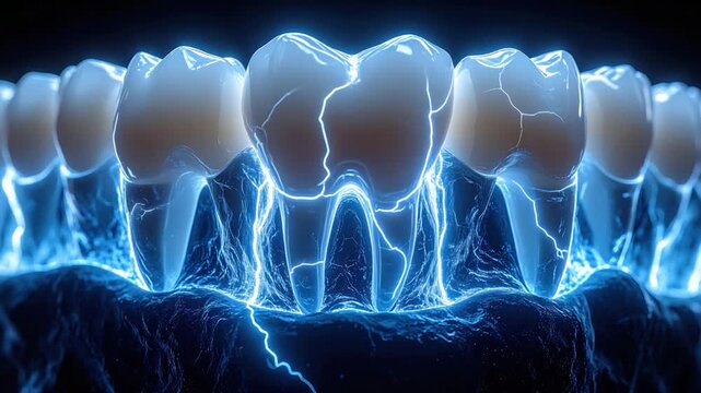 Rendered digital image of glowing teeth with electric crackling effects