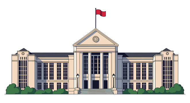 Grand classical architectural building with multiple wings and a red flag flying from a tall central pole atop the main entrance.