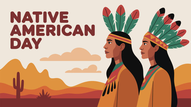 native american day celebration illustration featuring indigenous people in traditional feather headdress with desert landscape cultural heritage and tribal unity artwork