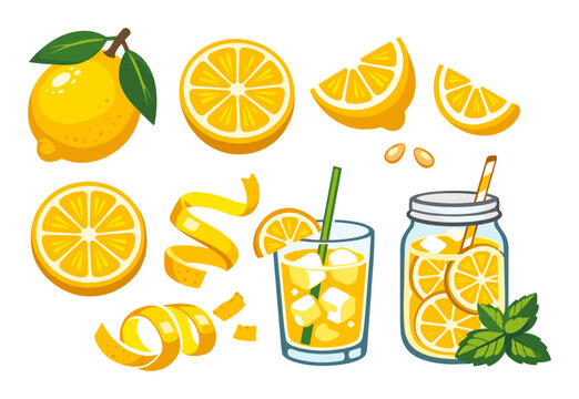 Lemons, slices, and zest forming an illustrated collection of refreshing citrus fruits and natural lemonade drinks with ice