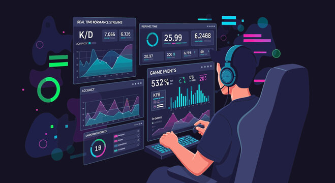 Gamer analyzing data and statistics on screen, gaming setup, technology concept