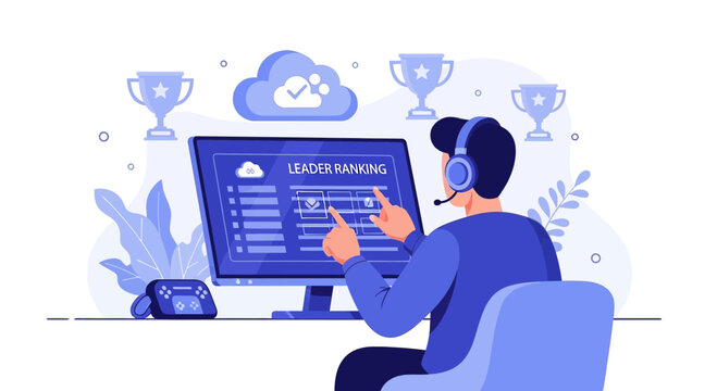 Gamer at computer with headset, leaderboards, trophies, and cloud.