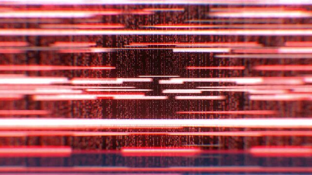 Digital matrix background with red light fragments and horizontal data noise representing system glitch and network troubleshooting in a complex computer infrastructure