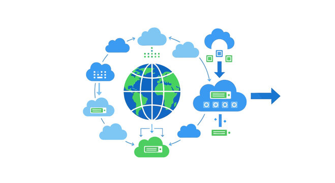 Global Cloud Computing Network Diagram: Data Transfer and Connectivity