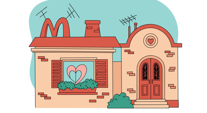 Charming and whimsical house featuring a large heart in the window and a golden letter M on the red tiled roof with small antennas.