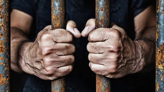 Close up of a prisoner's wrinkled hands gripping the rusty metal bars of a jail cell for justice, crime concept