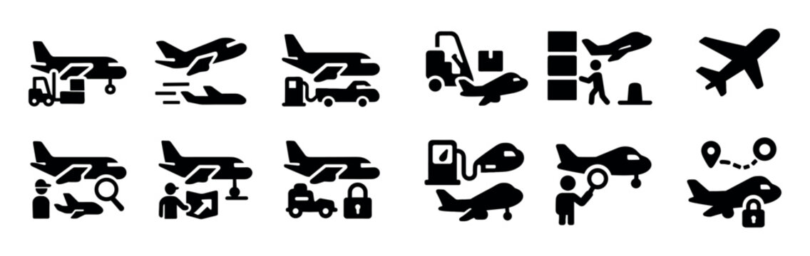 Airport icons with airplane stairs luggage minimal