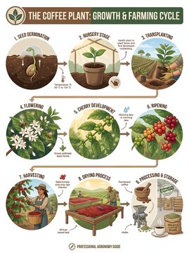 Coffee Plant Growth and Farming Cycle Educational Infographic Diagram