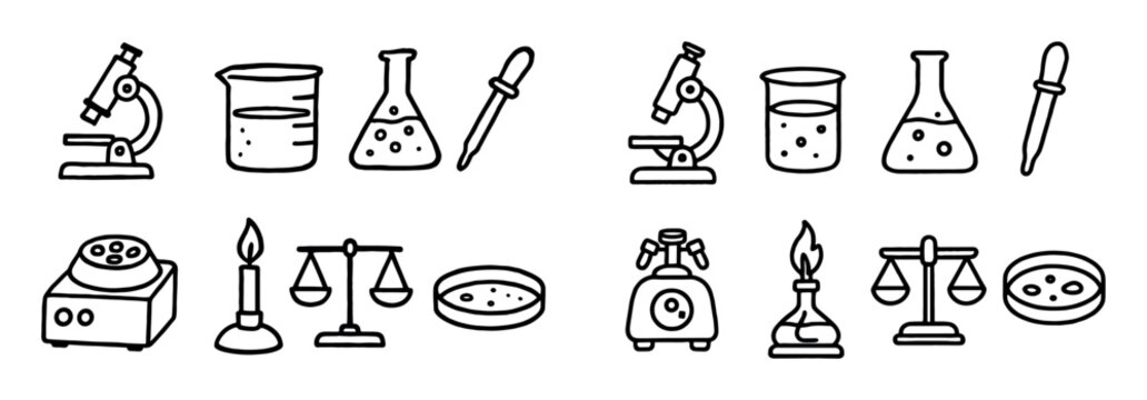 Science icons with microscope beaker pipette outline
