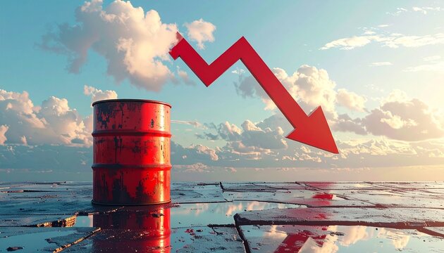 Minimalist scene with a barrel of oil and a bold red arrow pointing down, clean business.