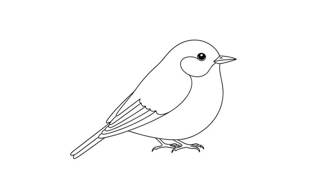 Delicate black and white line drawing of a small songbird standing calmly on its feet with detailed feathers on its wing.